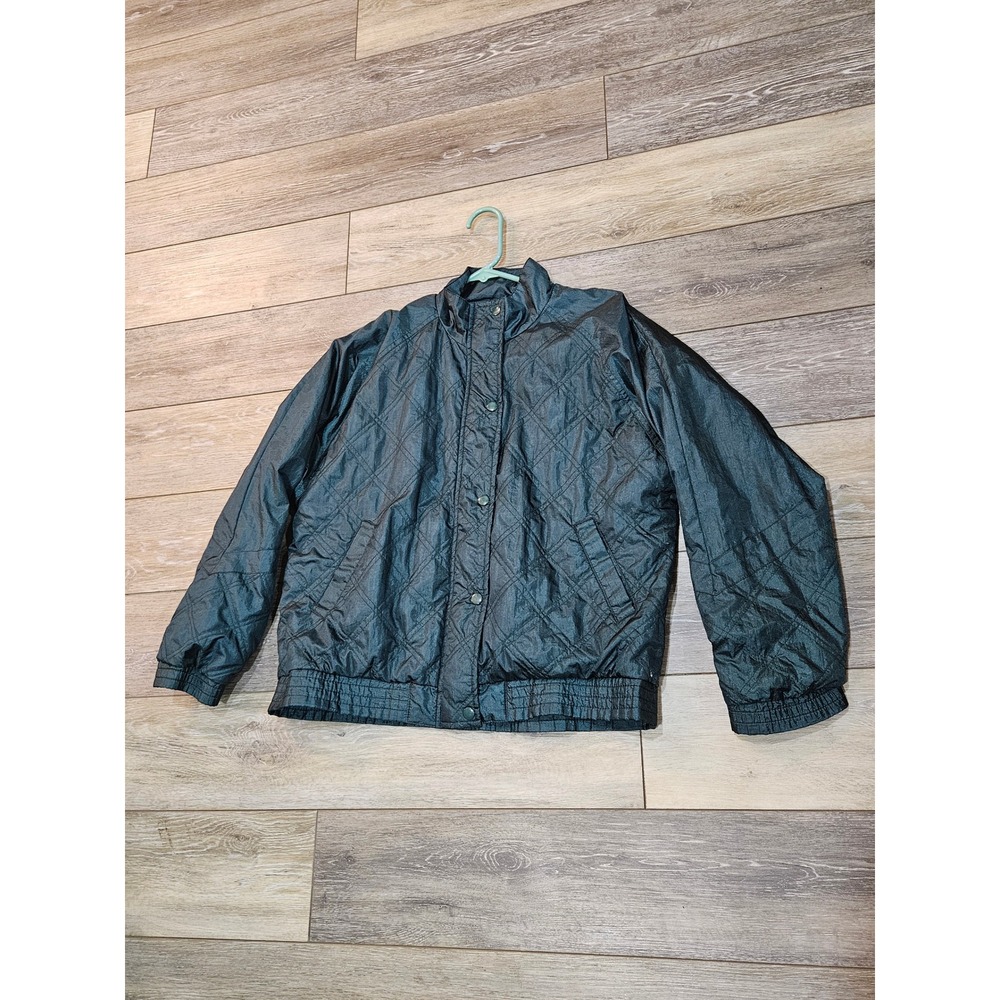Vintage Court Casuals Quilted Bomber Jacket Womens Medium Dark Gray Teal Snap